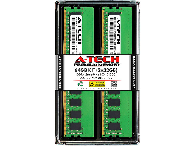 A-Tech 64GB (2x32GB) DDR4-2666 CL19 ECC UDIMM (AT32G2D4D2666UD8N12V)